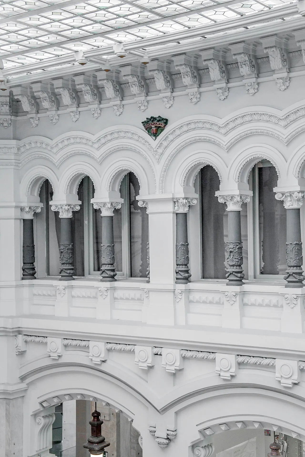 White classical arches and balconies inside a Madrid building